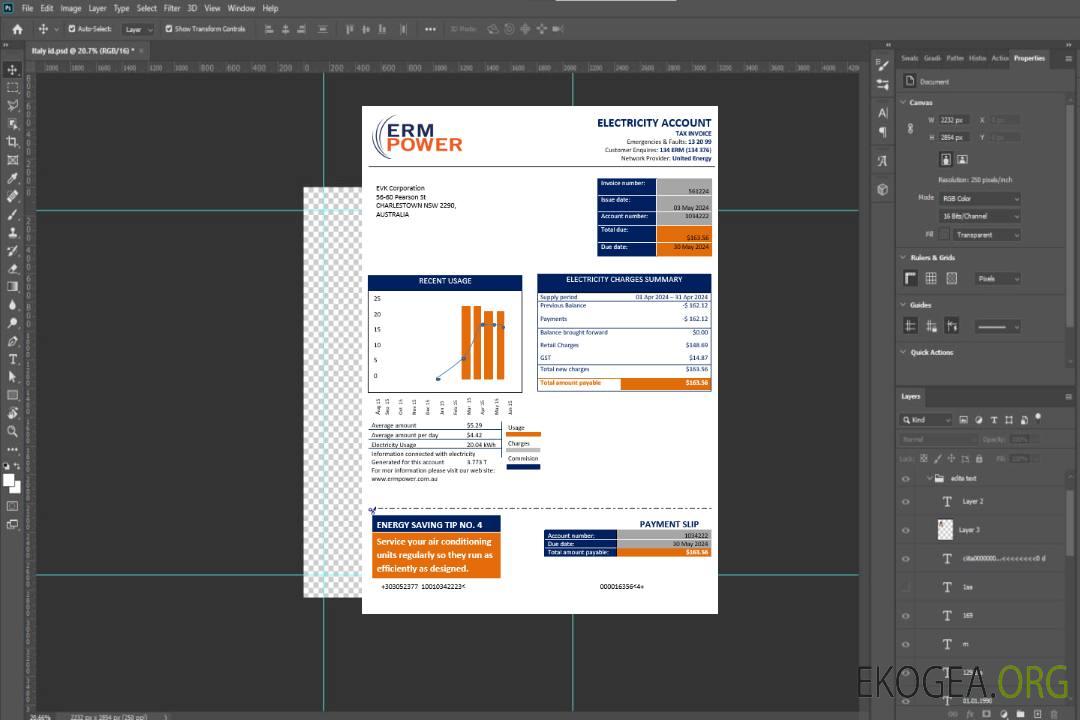 Australie ERM Power Preuve d'adresse d'électricité modèle de facture de services publics au format Word et PDF template
